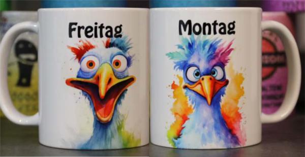 Weiße Tasse mit Spruch Vögel Montag (lachend) Freitag (Traurig)